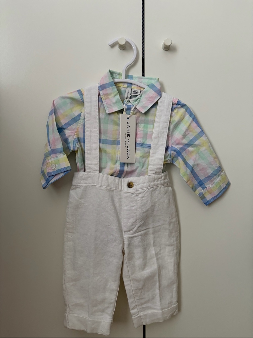 Janie and Jack Pastel Plaid Shirt with White Suspender Pants